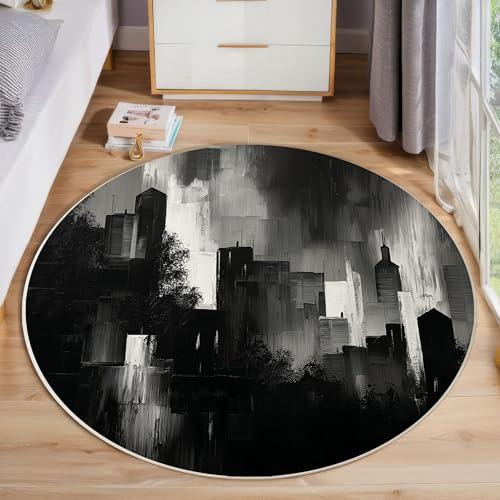 Tapis rond salon noir et blanc déco abstrait pour chambre et cuisine