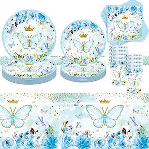 Mariposa Decoraciones de Fiesta, Juego de 81 pcs Vajilla de Niñas Cumpleaños con platos, vasos, servilletas y mantel de mariposa azul, para 20 Invitados Butterfly Party Supplies Cover