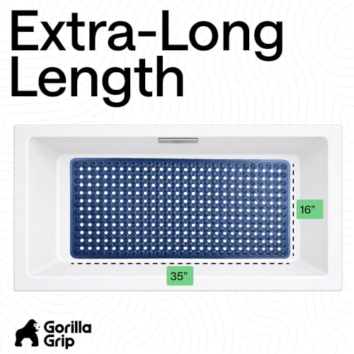 Image of GORILLA GRIP Patented Bath Tub Shower Mat, Machine Washable Bathtub Floor Liner Mats, Suction Cups and Drain Holes to Keep Tubs Clean, Soft on Feet, Bathroom Essentials, 35x16 Inch, Clear Navy