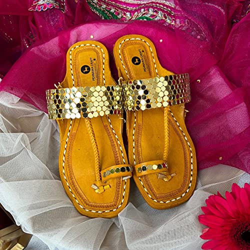 Queen Golden Mirror Original Kolhapuri ethnic flats for Women Leather