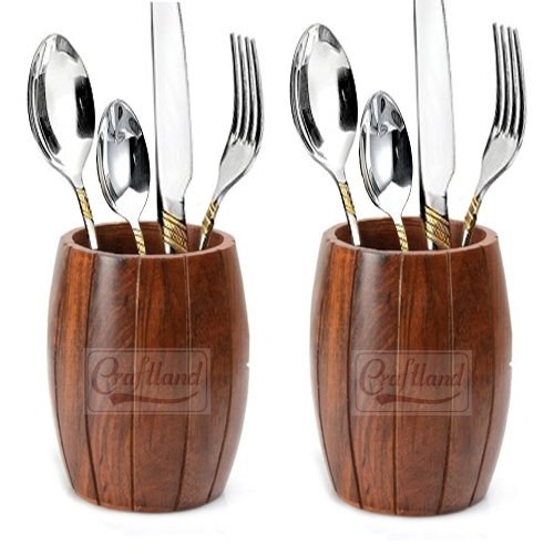 Image of Craftland Handmade Wooden (sheesham) Barrel Shaped Cutlery Holder /Spoon Holder /Multipurpose Stand (Set of 2)