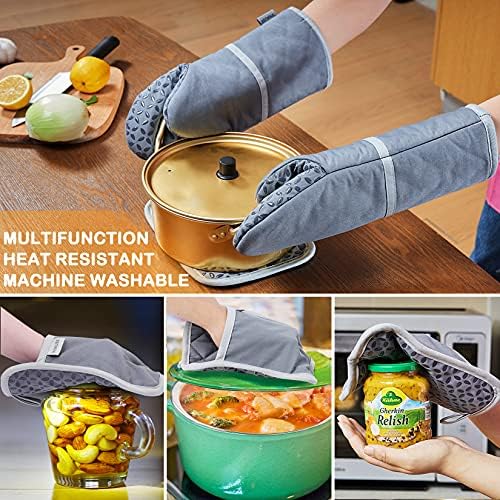 VHAUSE Oven Gloves and Potholders Set  4pcs Long Cotton Puppet Oven Mitts & Hot Pads with Non-slip Silicone Grip Heat Resistant 235°C for Kitchen Baking Cooking Grilling Machine Washable-Grey