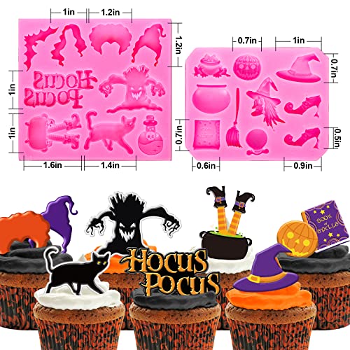 Anydesign 2Pcs Halloween Witch Theme Fondant Molds Hocus Pocus Witch Hat Black Cat Magic Book Bat Pattern Silicone Moulds For Halloween Party Cupcake Topper Decorating Sugar Craft Gum Resin Clay #TOP1