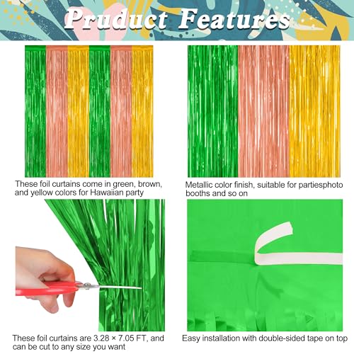 Image of ZATAYE 2 Pack Green Brown Yellow Hawaiian Luau Foil Curtain Decorations | Green Brown Yellow, Metallic Foil, 3.28 x 7.05 FT, Tinsel Backdrop, Foil Curtain Streamer, Luau Party