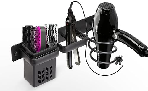 YUET Sèche-Cheveux Salle De Bain Rangement Porte Accessoires Support Organisateur Ensemble Et Lisseur Accessoire Mural Professionnel en Aluminium pour,D'étagère avec Trous pour Argenté Noir Cover