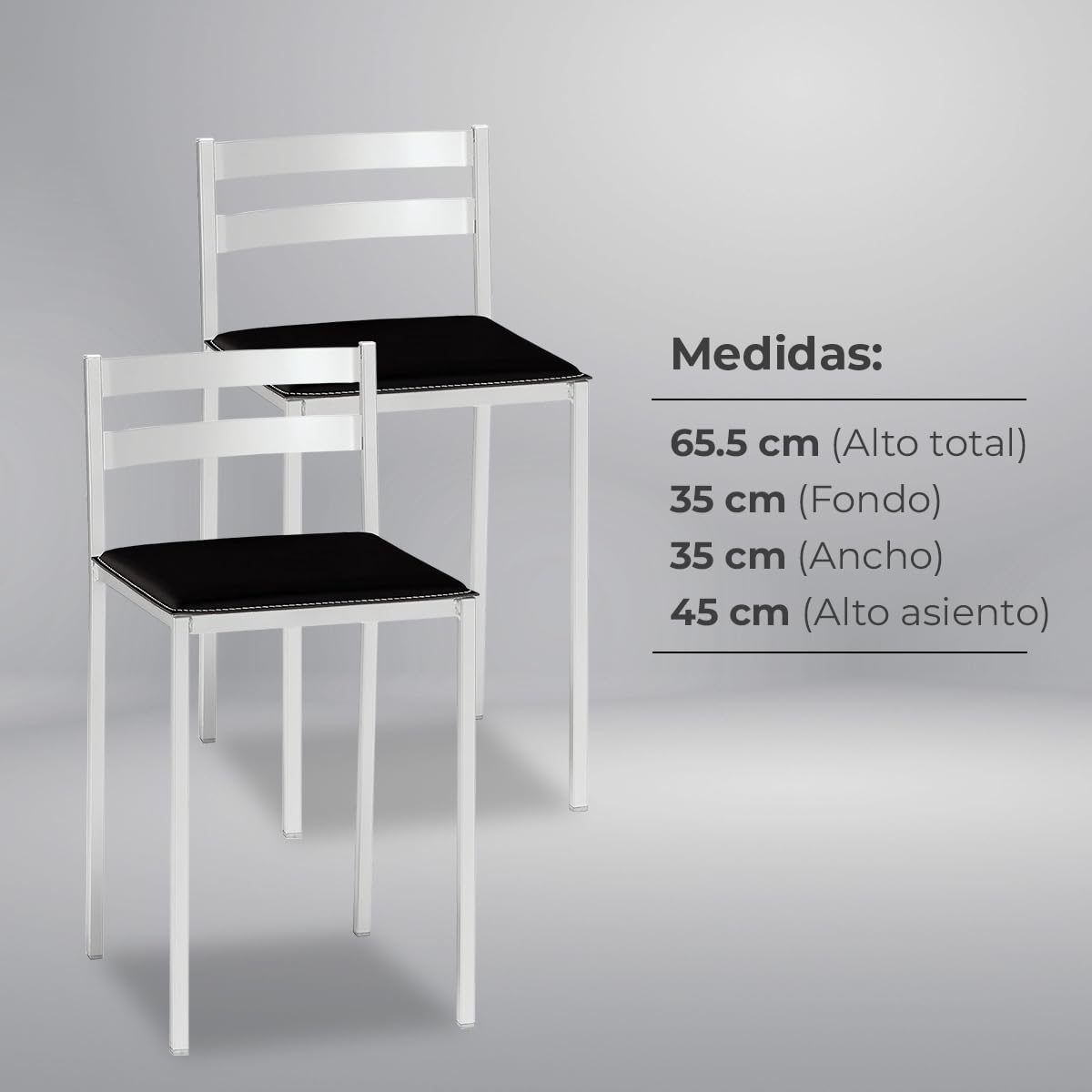 2 Taburetes de Cocina con Respaldo bajo, Franjas horizontales y Asiento tapizado - Estructura Color Blanco - Asiento en Polipiel Negro