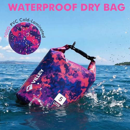 Image of VILLEY Dry Bag Waterproof 5L Roll Top Storage Backpack, Keeps Gear Dry Lightweight Backpack for Kayaking Boating Camping Swimming and Beach Accessories Purple Camo