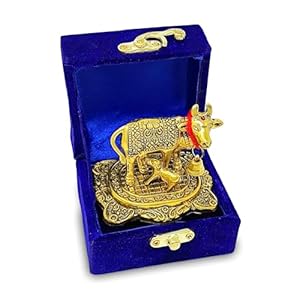 NOBILITY Pooja Items Diwali Gift Golden Small Kamdhenu Cow and Calf with Blue Box Metal Statue Decorative Item Showpiece for Home Office Decoration Wedding Return Gifts