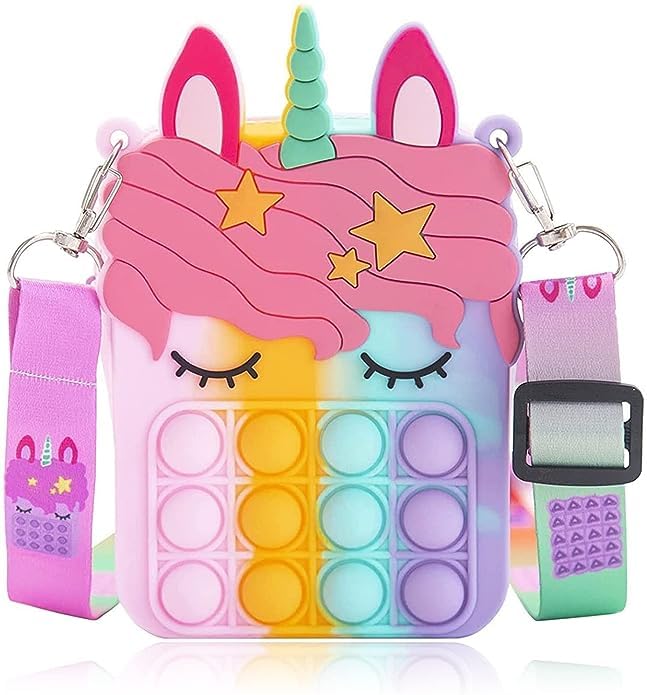 GOZZBY Pop It Bag Unicorn Shape Sling Bag (Random Color) pop it Pouch Cute Crossbody Bag for Women Girls Kids, Fidget Purse for Kids Stress Relief Toys(Multicolour)