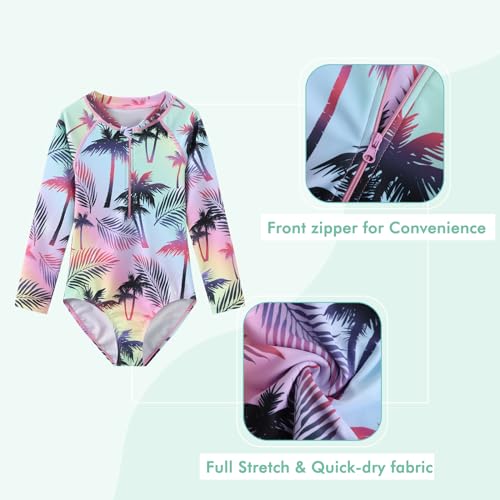Image of Moon Tree Girls One Piece Swimsuits Long Sleeve Rash Guard Zipper Front Bathing Suit UPF 50+