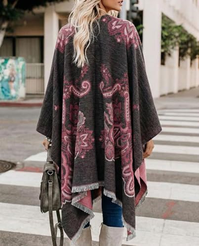 Image of Bestshe Women's Boho Open Front Poncho Plaid Shawl Wrap Cape | Tassel Cardigan Sweater, Cozy Layering, Fall Winter Clothes for Women