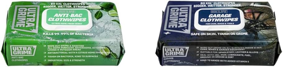 UltraGrime Life Anti-Bacterial Wet Wipes - Citrus (80 Thick Large Wipes) & LIFE Garage XXL+ Huge Cleaning Wet Wipes - Big Size Car, Bike & Boat Cleaning Wipes (80 Thick Large Wipes)