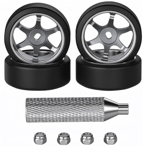 Abendor 4Pcs 22mm 1/28 Rc Car Drift Wheel Hub with Rc Car Drift Tires for 1/28 MINI-Q HGD1 DRZ Wltoys K969 RC Drift Car Upgrade Parts (Logo-Titanium)