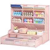 VITVITI Schreibtisch Organizer, 9 Fächer Stiftehalter mit Schublade, Netz Stifte Regal aus Metall, Stiftehalter Schreibtisch für Schule Heim Büro (Rosa)