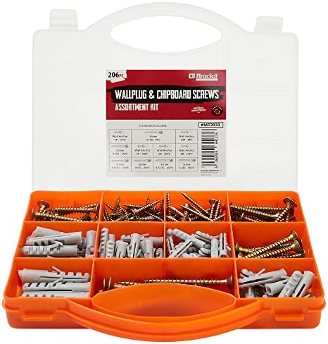 Brackit 206 Piece Drywall Plugs & Anchors Set  Heavy Duty Chipboard Screws Assortment Kit inc. Countersunk Pozi Drive Head Wood Screws  For Repairing, Drilling, Mounting, Building, Furniture and DIY