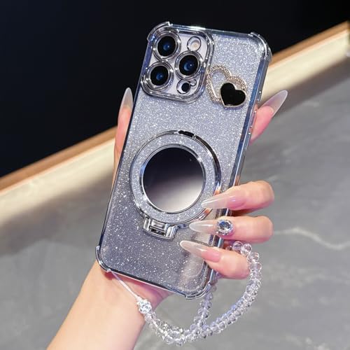 Ymyhyuxi Four Corner Anti Fall Soft Cases for iPhone 13 Pro Max Case Glitter Bling Cover Phone Covers Mirror Bracket with Lanyard (Silver)