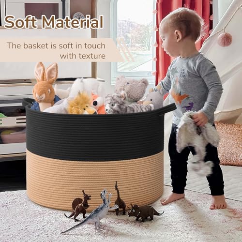 Image of INDRESSME 115L Extra Large Cotton Rope Blanket Basket for Nursery, Boho Decor Baby Laundry Baskets for Kids Toy Organizer Storage Bin for Dirty Clothes Pillows Towel, Black & Camel