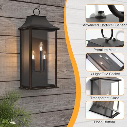 Lawyettle Dusk to Dawn Outdoor Wall Lights, 25.3" Large Outdoor Lights, 3-Light Black Porch Light Fixture, Waterproof Outside Wall Sconce for House Porch Patio by Lawyettle - Image 5