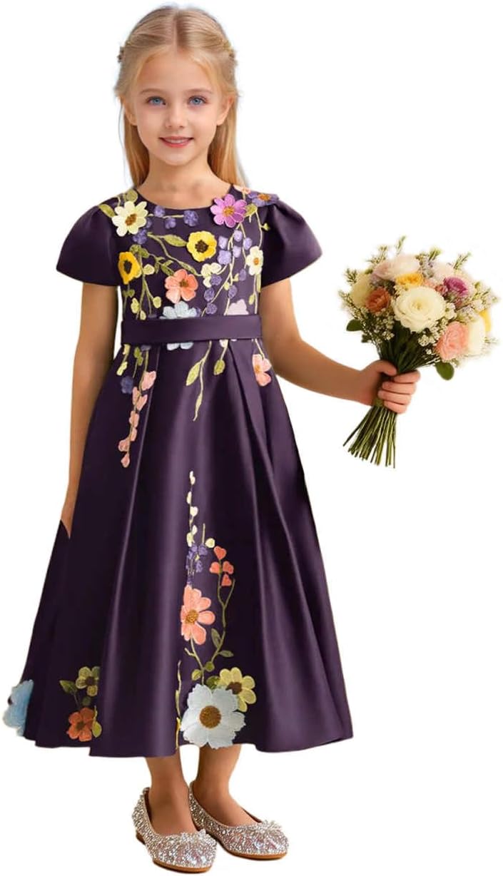 Flower Girl Dresses Floral Embroidered Satin Formal Dress Short Sleeve A-Line Pageant Party Gown for Wedding Birthday