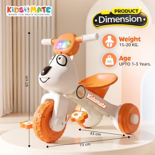 Image of Kidsmate Teddy Musical Tricycle for Kids 18-36 Months | Foldable Design with LED Lights on Handlebar | Baby Trike for Boys & Girls, Upto 18kg (Orange & White)