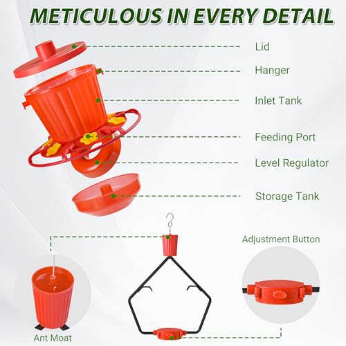 Retractable Hummingbird Feeder – 6 Feeding Ports, Leak-Proof, Ant & Bee Proof, Easy Top-Fill & Easy to Clean, Durable ASA Plastic, 18.5 oz Capacity, Adjustable Hanging System with 44" Extension(Red) by Kitwinney - Used condition - Image 8