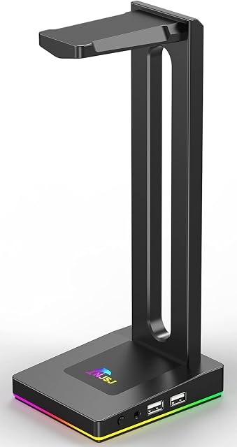 NJSJ RGB Headphone Stand Desk Gaming Headset Holder with 3.5mm AUX, 2 USB Ports,Earphone Hanger Accessories for PC Desktop Gamers,Black