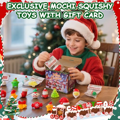 Image of Christmas Mochi Squishy Toys 24 Pack with Gift Card, Mini Squishy Toys, Christmas Stocking Stuffers, Party Favors for Kids, Stress Relief Toys, Goodie Bags Fillers (Christmas Red Box)