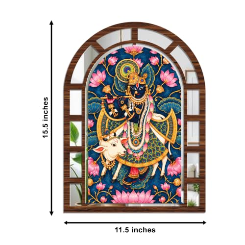 Image of Artvibes Shrinathji & Kamdhenu Cow Wall Hanging Decor | Decorative Wall Accent | Jharokha Mirror for Living Room, Hall, Bedroom, Pooja Room, Reception, & Entryway | Gift (WHJ 12038N), Set of 2