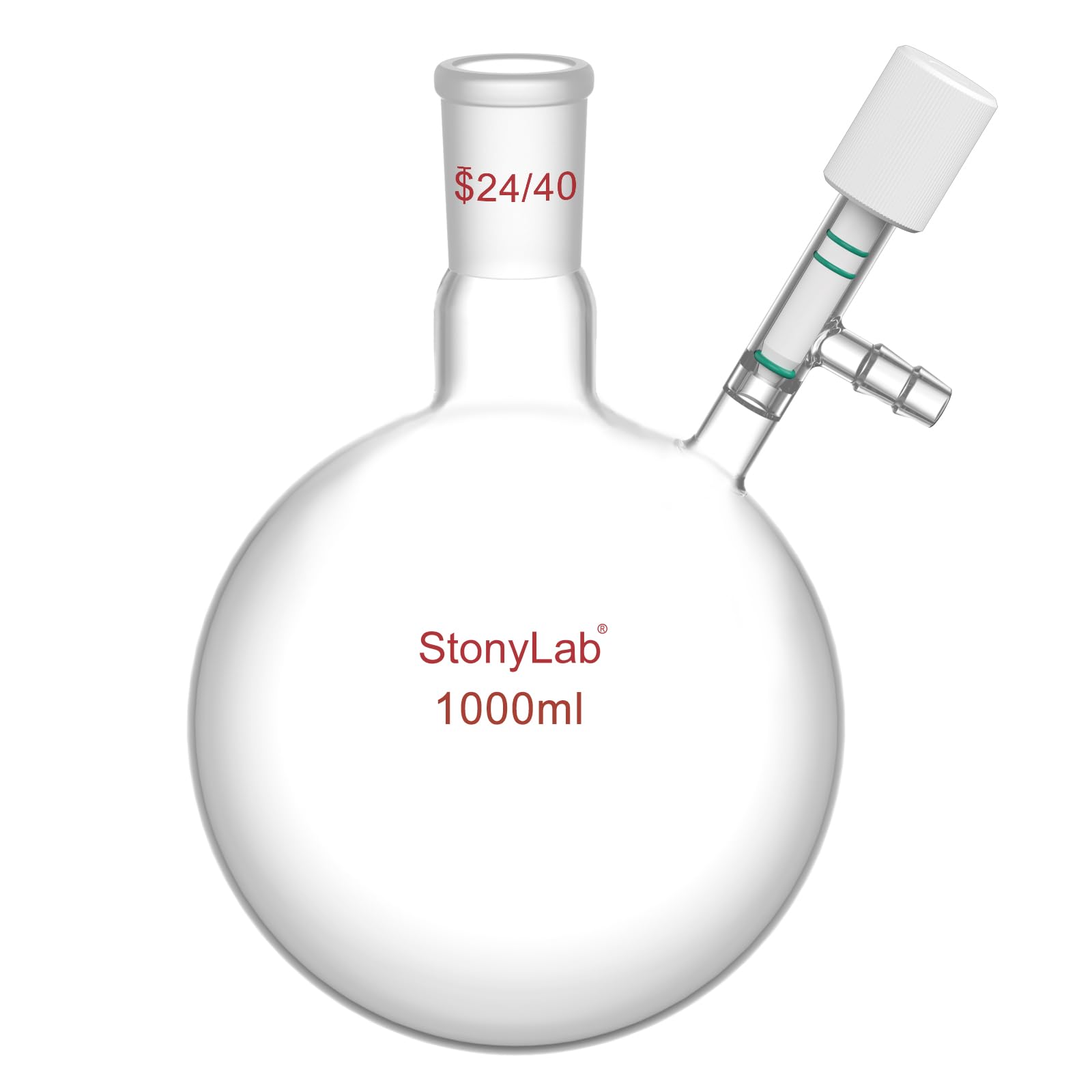 stonylab Vetro Matraccio di Schlenk, 24/40 Giunto Reazione Senza Aria Pallone Schlenk a Fondo Tondo a Parete Pesante, Round Bottom Schlenk Flask con Valvola per Vuoto Alto 0-4 mm, 1000ml