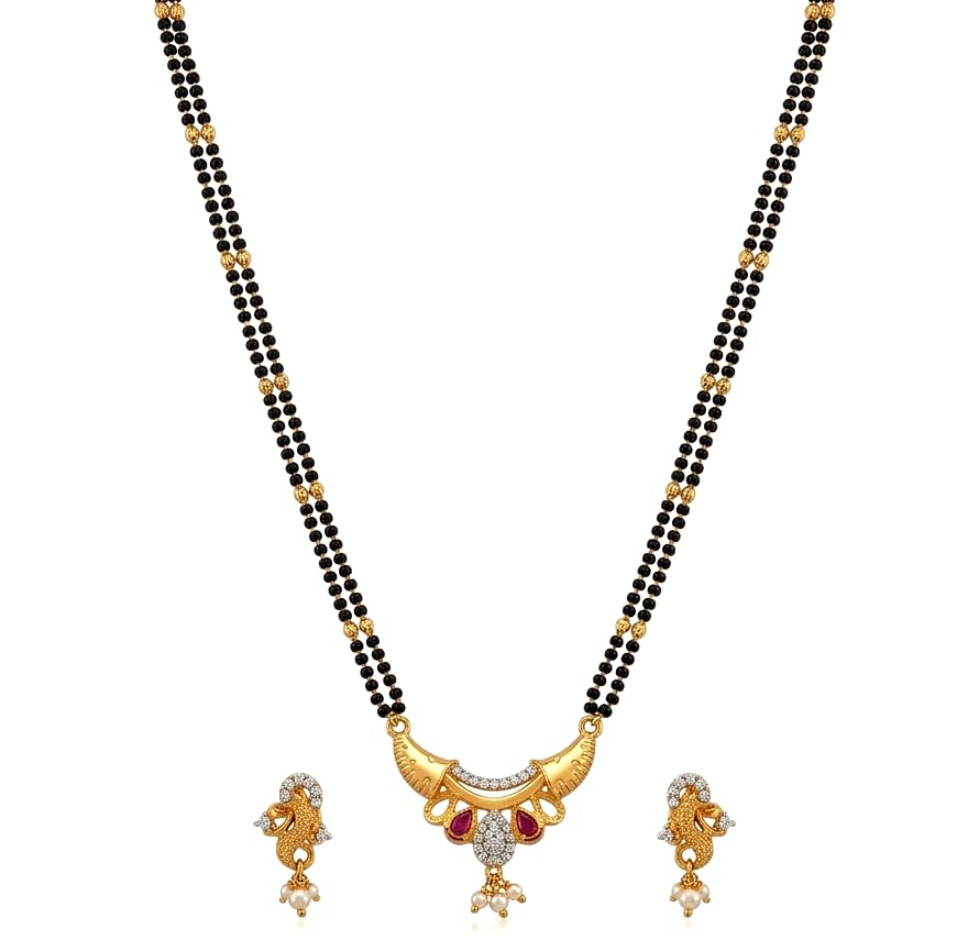 American Diamond Mangalsutra With Earring for Women | Stylish 1gm Gold Plated Long Mangal Sutra | CZ AD Pendant Necklace Design | One Gram Gold Polish 24 -Inch Black Chain Jewellery for Women | Nallapusalu 1 gram Mangalsutra no 23-image-38