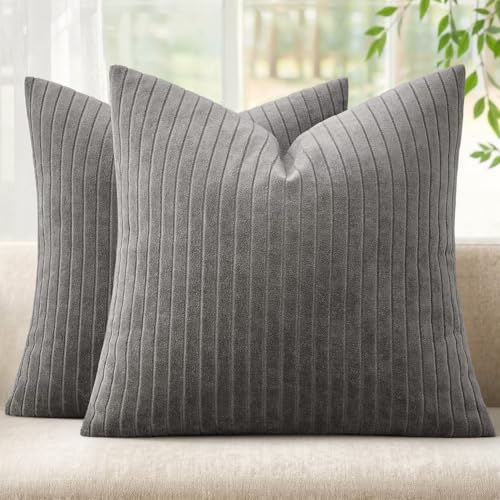 MIULEE Set of 2 Grey Textured Striped Throw Pillow Covers 18x18 Inch