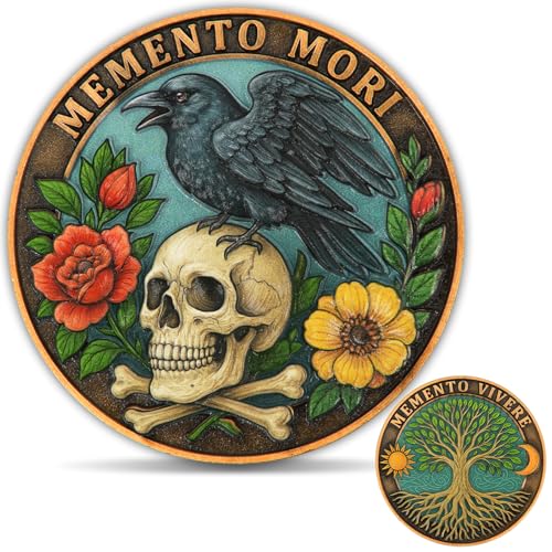 Memento Mori & Memento Vivere Challenge Coin – Tree of Life & Skull Coin with Enamel Detail – 1.57" Zinc Alloy, Protective Display Case (Single Coin, Colorful Version)