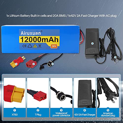 Image of 36V 12Ah Electric Bike Battery 36V Lithium Battery with 2A Charger, T-Plug, XT60 Connector and BMS for 250-550W Electric Bicycles Motor