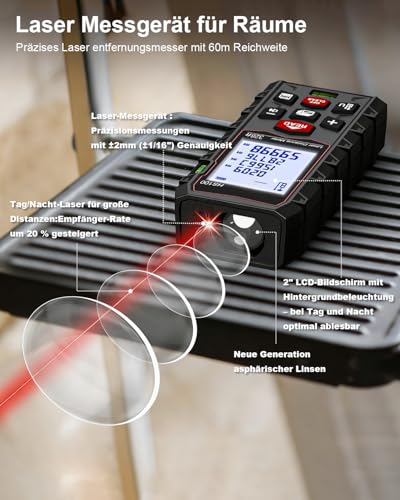 Charcity Laser Entfernungsmesser Messgerät für Räume - 100m Dual-Level IP54 Wasserdicht, Entfernungs-/Flächen-/Volumenmessung, Großes LCD mit Hintergrundbeleuchtung, für Innen- & Außenbereich