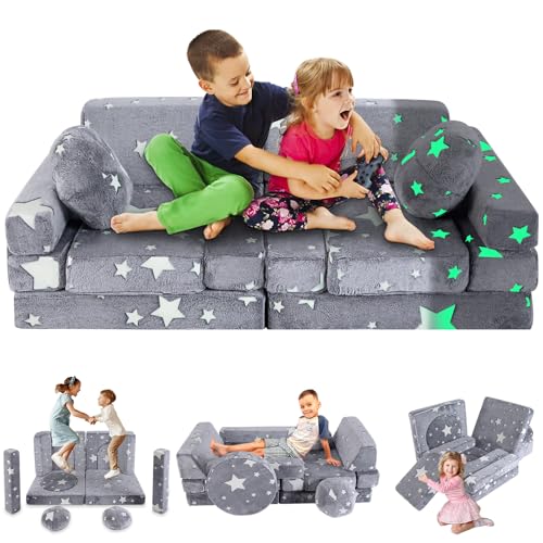 whiffee 13 PCS Kids Play Couch, Modular Glowing Kids Toddler Couches, Kid Play Couch Sofa for Playroom and Bedroom (Grey) by whiffee - Used condition - US$55.77