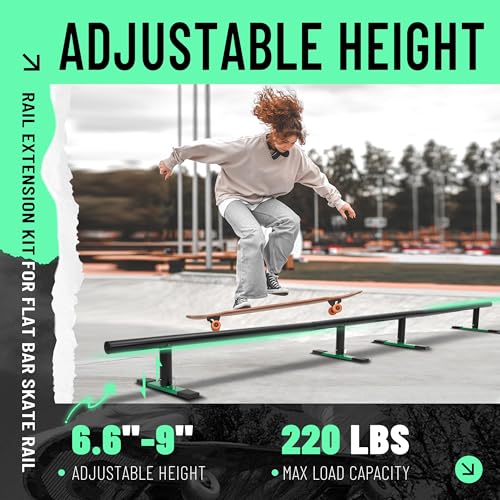 Gelacie 98.8\" Round Skate Rail for Skateboards, Scooters & Inline Skates, 3-Step Height Adjustable Grind Rail, HeavyDuty Skatepark for Skill Progression Green Color