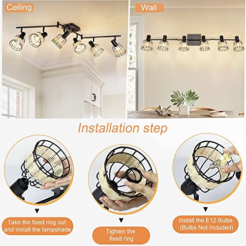 Depuley Vintage Track Ceiling Spotlight, 6-Head Bamboo Led Track Lighting Kit, Industrial Track Lamp, Rattan Caged Wall Light Fixture For Kitchen Island Living Room Bedroom #TOP6