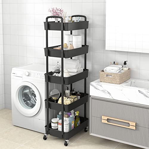 Sywhitta 5-Tier Plastic Rolling Utility Cart With Handle, Multi-Functional Storage Trolley For Office, Living Room, Kitchen, Movable Storage Organizer With Wheels, Black #TOP6