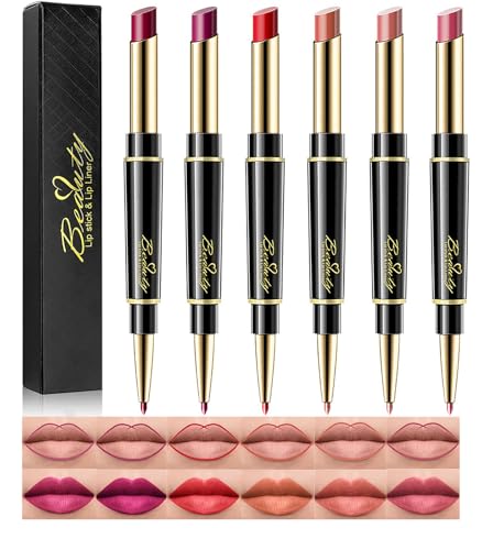 Skynest 6Pcs Rouges à lèvres and Crayons à lèvres lot, 2 en 1crayon levres maquillage Longue durée, Tasse antiadhésive, Résistant Imperméable, Haute pigmentation crayon levre mat