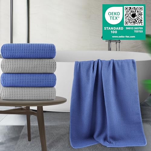 Image of POLYTE 430 GSM Microfiber Oversize Quick Dry Lint Free Bath Towel, 60 x 30 in, 4 Pack (Waffle Weave)
