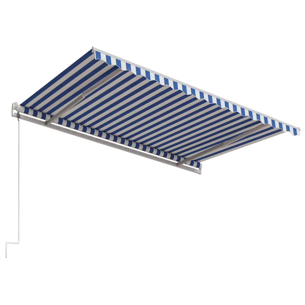 Tenda da sole estensibile automatica, 450 x 300 cm, blu e bianco, con telecomando, protezione dal vento, protezione solare per balcone, terrazza, giardino, esterno, resistente alle intemperie