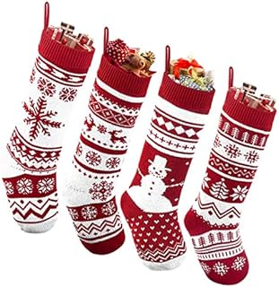 MJARTORIA Knit Christmas Stockings Set of 4 with Snowflake Elk Snowman Pattern Large Xmas Stocking Boot Xmas Stockings for Christmas Tree Decoration