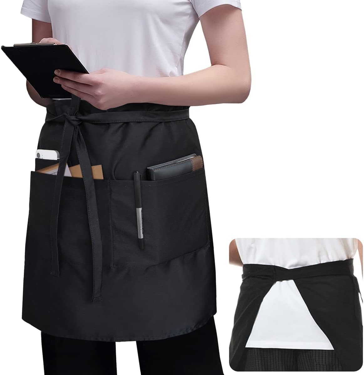 ROTANET Server Apron Black with 3 Pockets 18 Inch Long Waiter Waitress Bistro Half Waist Aprons for Women Men Waterproof