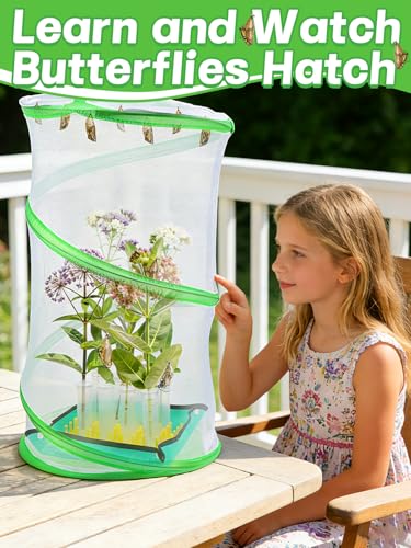Complete Butterfly Habitat Kit - 14" W x 20" H Large Collapsible Mesh Growing Cage & Hydroponic Feeding Tubes/Rack Holder & Messproof Mat & Guide, Easy to Set Up, Monarch Caterpillars Enclosure House - Image 5