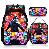 jvycjlu Boys Gaming Backpack Set - 17 Inch Large Capacity School Backpack with Lunch Bag & Pencil Case - for Teens, Elementary & Middle School (3-Piece)