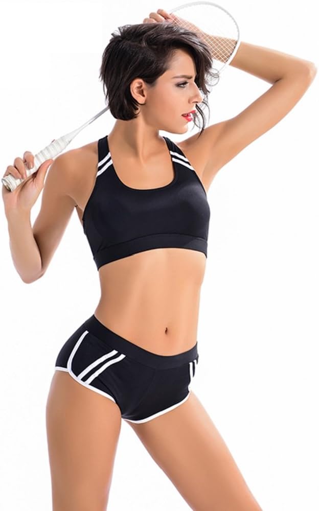 Chenrry Women Two Piece Racerback Top Boyshort Athletic Sports Swimsuits Swimwear Bathing Suit M Black