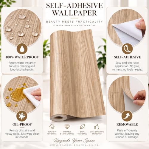 Image of HOME13 Wood Grain Wallpaper Peel and Stick Wood Contact Paper Self Adhesive Removable Thicken Wooden Wall Paper for Kitchen Cabinets Drawer Shelf Liner Waterproof(12x72 Inch, Ash Wooden)