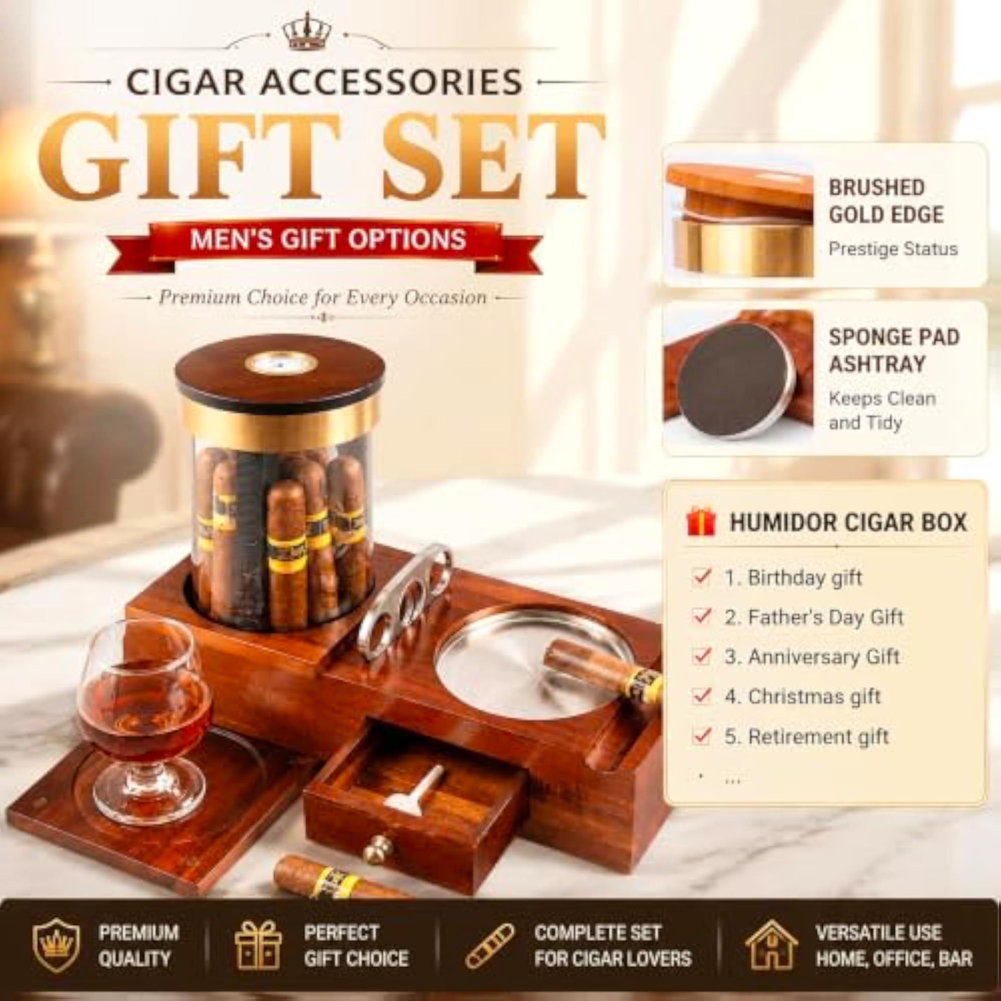KING'S 20-Cigar Humidor & Ashtray Set, Solid Wood