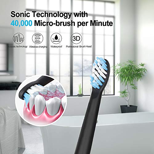 Sonic Electric Toothbrush for Adults, 6 Dupont Brush Heads, 3 Modes, 2-Minute Built-in Timer, Recommended by Dentist, Waterproof, USB inductive Charging, Delicate and Small, Black