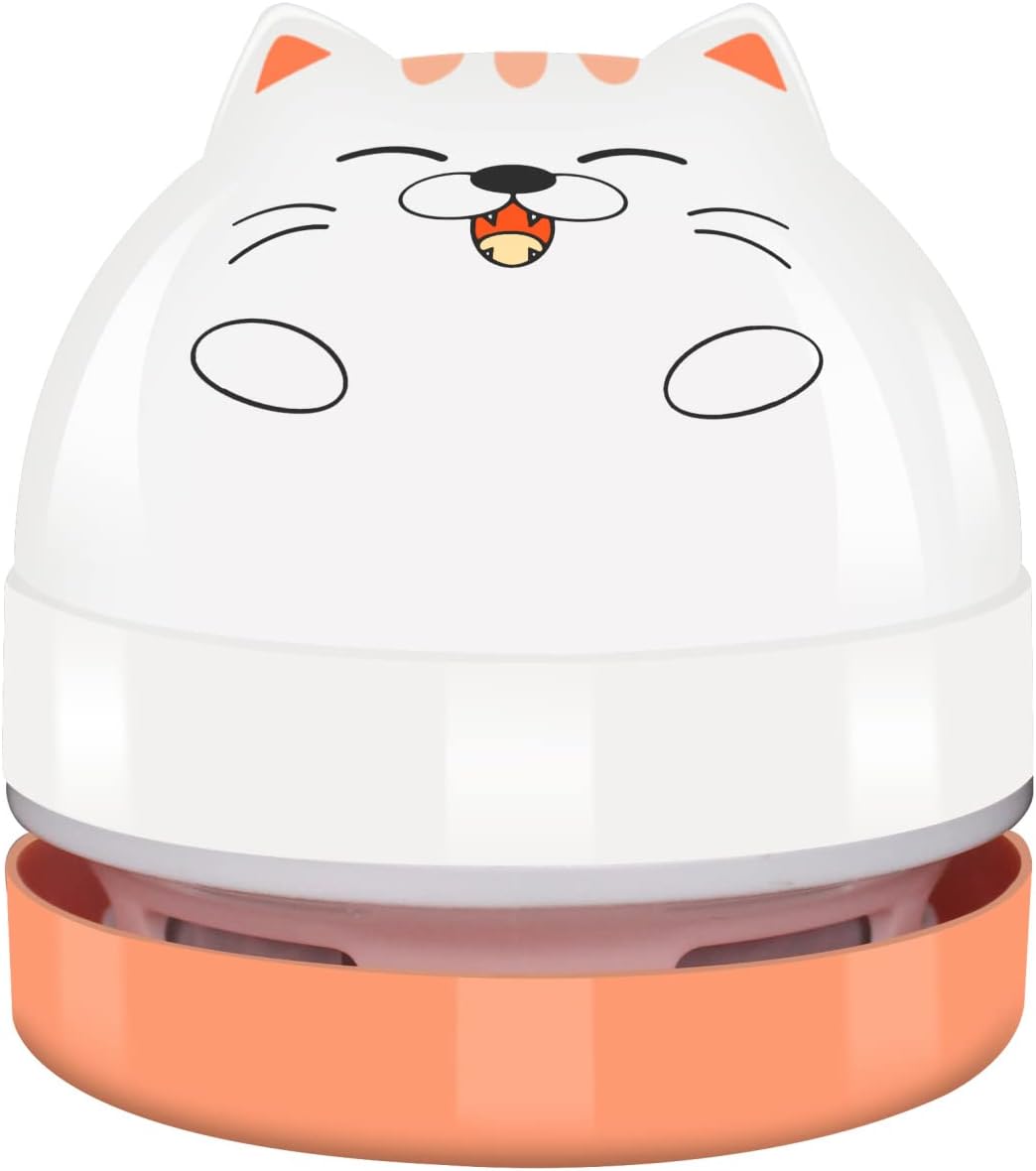 Mini Desktop Vacuum Cleaner, Portable USB Vacuum Cleaner for Desk Mini Cute Cartoon Desktop Vacuum for Cleaning Eraser Crumbs, Dust, Crumbs, Piano, Hairs, Computer, Keyboard and Car (White Orange)
